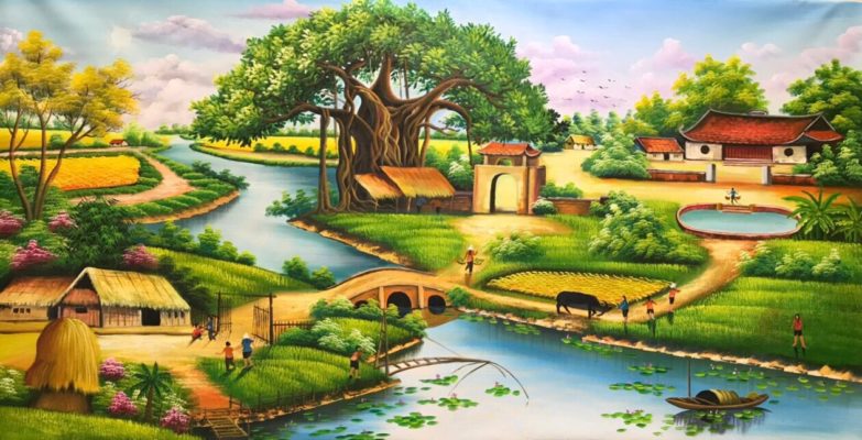 Beautiful and poetic Vietnamese village landscape painting